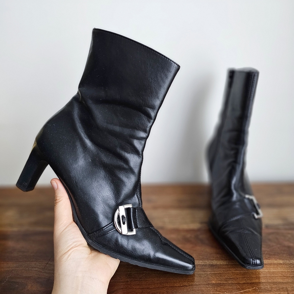 🖤 Paul Green Black Leather Ankle Boots Austria Made Heeled Square Toe Buckle - Picture 2 of 16